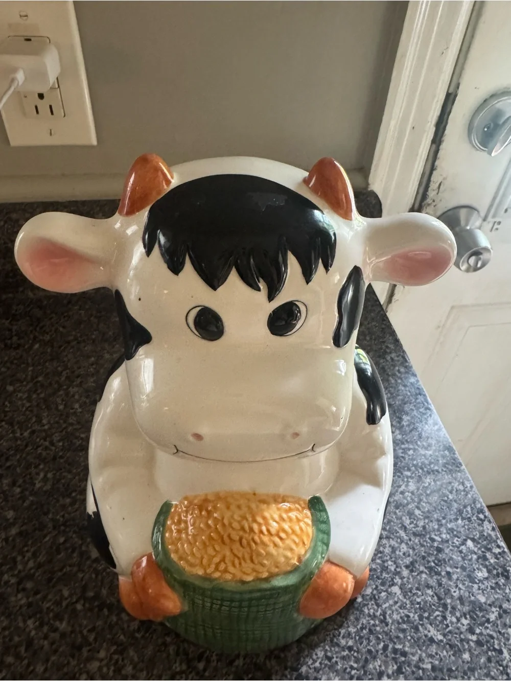 VTG Ceramic Cow Cookie Jar in White, Black and Orange